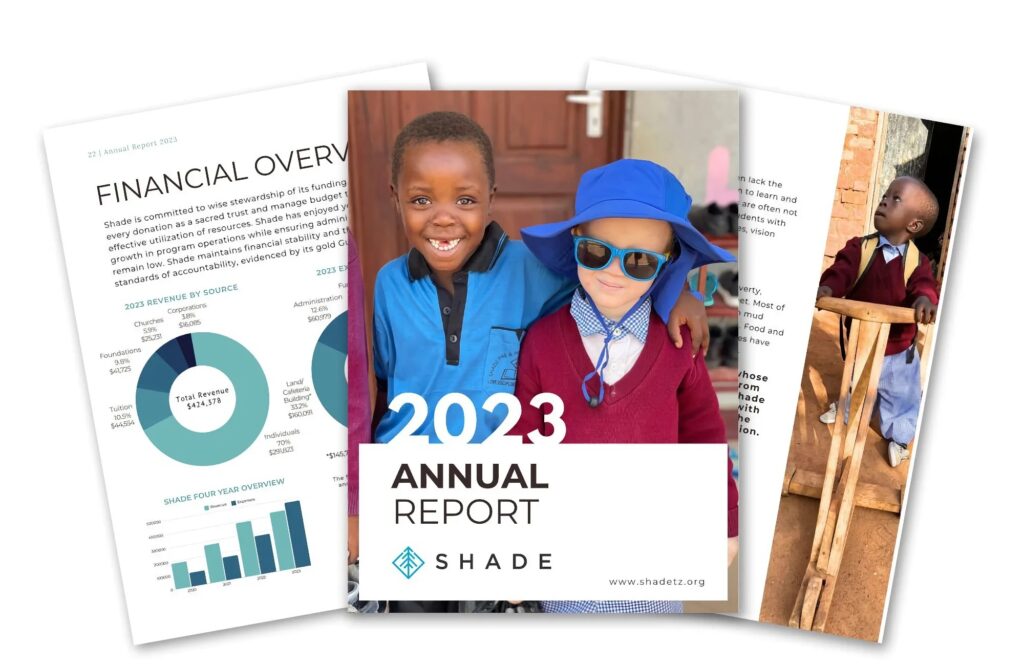 2023 Annual Report cover showing two smiling children, one wearing a blue hat and sunglasses, and pages with financial overview and a child using crutches.